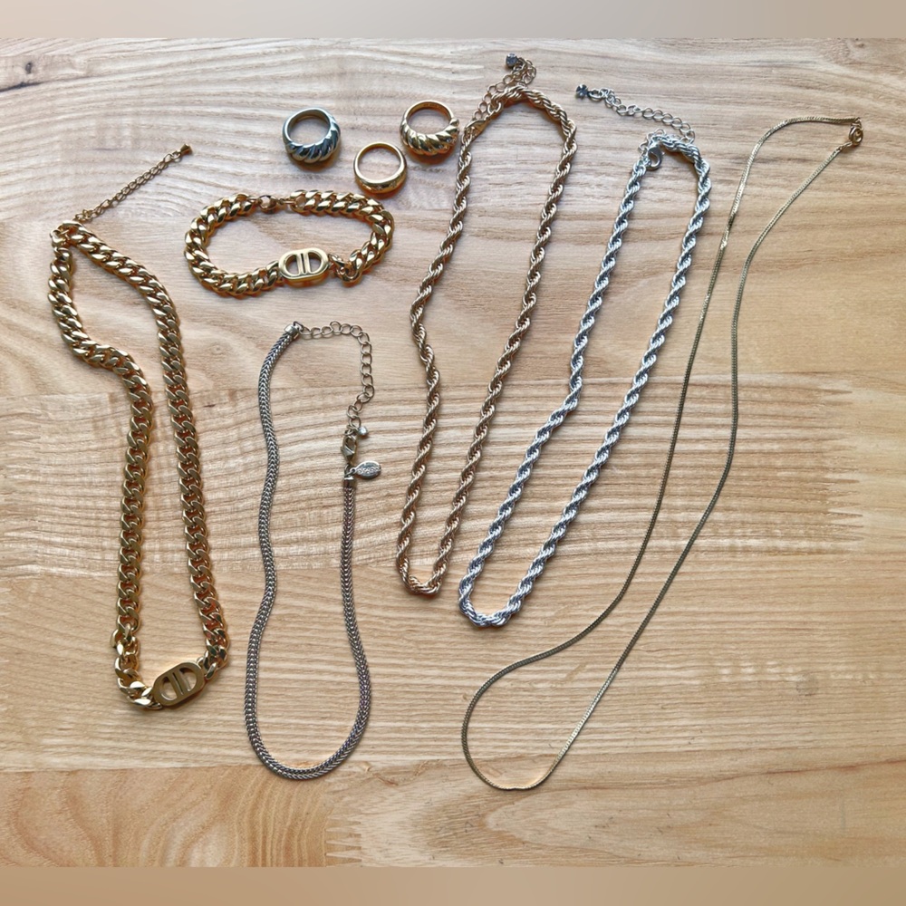 Lot of Vintage and New Chain Necklaces Bracelet and Rings Set